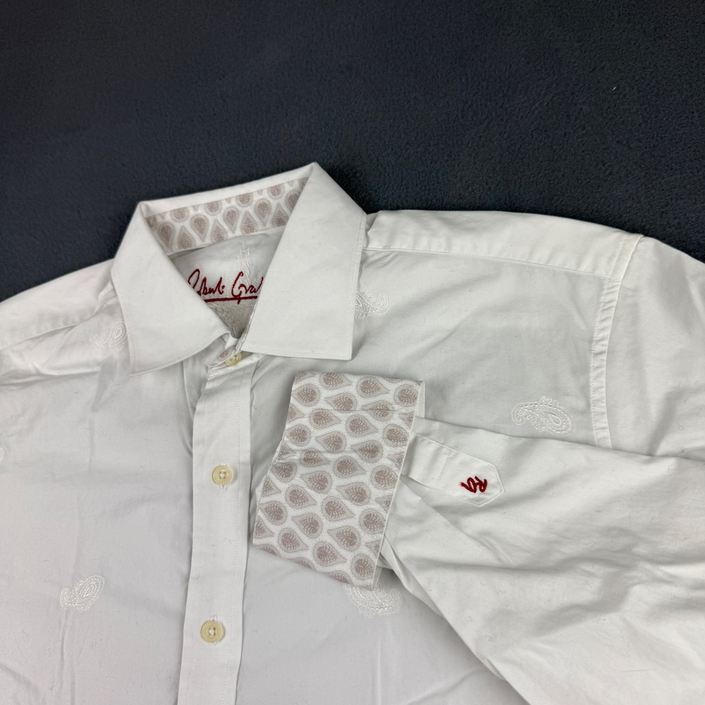 Robert Graham Shirt Men's L White Paisley Embroidered Flip Cuff Jacquard Dress
